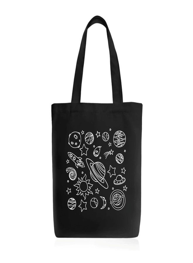 Roundsun Cotton Canvas Printed Vertical Women Tote Bag | 300 GSM Cloth |100% Organic Cotton | Shopping/Grocery Bag | Zip Clouser | Multi-Purpose Bag | Reusable (Universe, Black) - Image 1